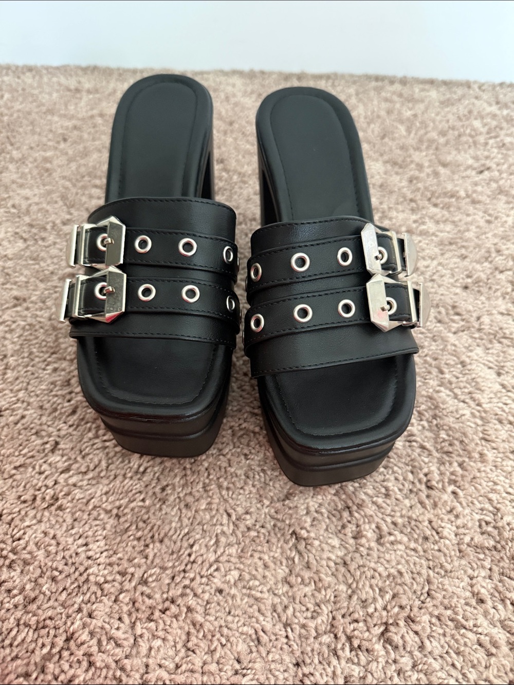 Black Double-Strap Buckle Platform Mules